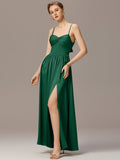 Spaghetti Straps Pleated Tie Satin Sleeveless Bridesmaid Dress