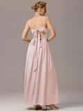 Spaghetti Straps Pleated Tie Satin Sleeveless Bridesmaid Dress