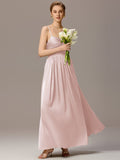 Spaghetti Straps Pleated Tie Satin Sleeveless Bridesmaid Dress