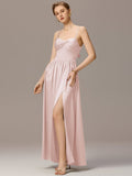 Spaghetti Straps Pleated Tie Satin Sleeveless Bridesmaid Dress