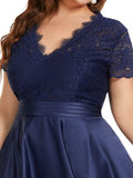 A-Line Plus Size V-Neck Lace Empire-Waist Cocktail Dress with Pockets
