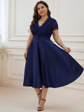 A-Line V-Neck Lace Empire-Waist Pleated Wedding Guest Dress with Pockets