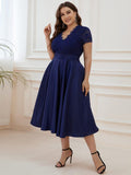 A-Line Plus Size V-Neck Lace Empire-Waist Cocktail Dress with Pockets