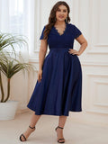 A-Line Plus Size V-Neck Lace Empire-Waist Cocktail Dress with Pockets