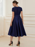 A-Line V-Neck Lace Empire-Waist Pleated Wedding Guest Dress with Pockets