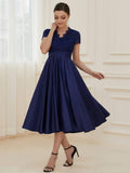 A-Line V-Neck Lace Empire-Waist Pleated Wedding Guest Dress with Pockets