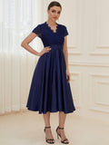 A-Line V-Neck Lace Empire-Waist Pleated Wedding Guest Dress with Pockets