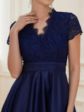 A-Line V-Neck Lace Empire-Waist Pleated Wedding Guest Dress with Pockets