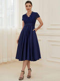 A-Line V-Neck Lace Empire-Waist Pleated Wedding Guest Dress with Pockets