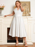 A-Line V-Neck Lace Empire-Waist Pleated Wedding Guest Dress with Pockets