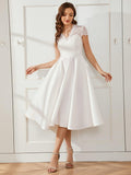 A-Line V-Neck Lace Empire-Waist Pleated Wedding Guest Dress with Pockets