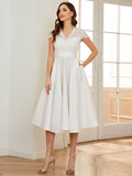 A-Line V-Neck Lace Empire-Waist Pleated Wedding Guest Dress with Pockets
