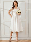 A-Line V-Neck Lace Empire-Waist Pleated Wedding Guest Dress with Pockets