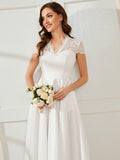 A-Line V-Neck Lace Empire-Waist Pleated Wedding Guest Dress with Pockets