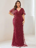 Plus Size Mermaid V-Neck Sequin Appliques Short Sleeves Evening Dress