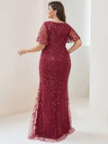 Plus Size Mermaid V-Neck Sequin Appliques Short Sleeves Evening Dress