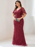 Plus Size Mermaid V-Neck Sequin Appliques Short Sleeves Evening Dress