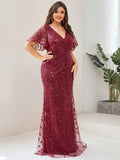 Plus Size Mermaid V-Neck Sequin Appliques Short Sleeves Evening Dress