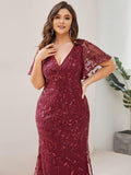 Plus Size Mermaid V-Neck Sequin Appliques Short Sleeves Evening Dress
