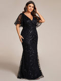 Plus Size Mermaid V-Neck Sequin Appliques Short Sleeves Evening Dress