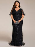 Plus Size Mermaid V-Neck Sequin Appliques Short Sleeves Evening Dress