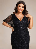 Plus Size Mermaid V-Neck Sequin Appliques Short Sleeves Evening Dress