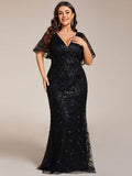 Plus Size Mermaid V-Neck Sequin Appliques Short Sleeves Evening Dress