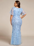 Plus Size Mermaid V-Neck Sequin Appliques Short Sleeves Evening Dress