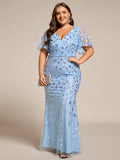 Plus Size Mermaid V-Neck Sequin Appliques Short Sleeves Evening Dress