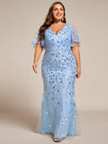 Plus Size Mermaid V-Neck Sequin Appliques Short Sleeves Evening Dress