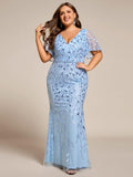 Plus Size Mermaid V-Neck Sequin Appliques Short Sleeves Evening Dress