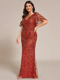 Plus Size Mermaid V-Neck Sequin Appliques Short Sleeves Evening Dress