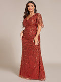 Plus Size Mermaid V-Neck Sequin Appliques Short Sleeves Evening Dress