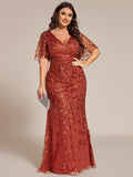 Plus Size Mermaid V-Neck Sequin Appliques Short Sleeves Evening Dress