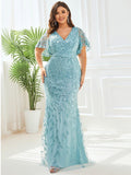 Plus Size Mermaid V-Neck Sequin Appliques Short Sleeves Evening Dress