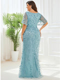 Plus Size Mermaid V-Neck Sequin Appliques Short Sleeves Evening Dress