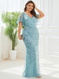 Plus Size Mermaid V-Neck Sequin Appliques Short Sleeves Evening Dress