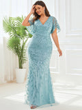 Plus Size Mermaid V-Neck Sequin Appliques Short Sleeves Evening Dress