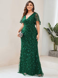 Plus Size Mermaid V-Neck Sequin Appliques Short Sleeves Evening Dress