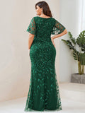 Plus Size Mermaid V-Neck Sequin Appliques Short Sleeves Evening Dress