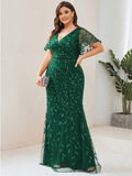 Plus Size Mermaid V-Neck Sequin Appliques Short Sleeves Evening Dress