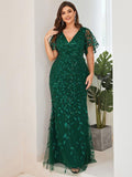 Plus Size Mermaid V-Neck Sequin Appliques Short Sleeves Evening Dress