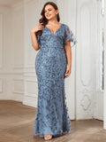 Plus Size Mermaid V-Neck Sequin Appliques Short Sleeves Evening Dress