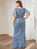 Plus Size Mermaid V-Neck Sequin Appliques Short Sleeves Evening Dress