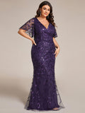 Plus Size Mermaid V-Neck Sequin Appliques Short Sleeves Evening Dress