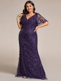 Plus Size Mermaid V-Neck Sequin Appliques Short Sleeves Evening Dress