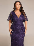 Plus Size Mermaid V-Neck Sequin Appliques Short Sleeves Evening Dress