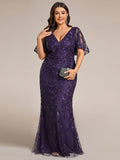 Plus Size Mermaid V-Neck Sequin Appliques Short Sleeves Evening Dress