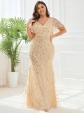 Plus Size Mermaid V-Neck Sequin Appliques Short Sleeves Evening Dress