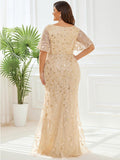 Plus Size Mermaid V-Neck Sequin Appliques Short Sleeves Evening Dress